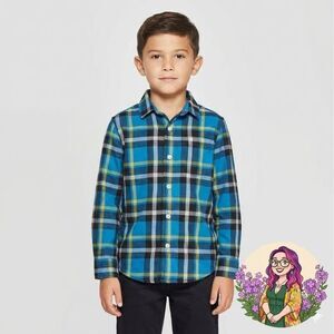 Cat & Jack Kids Boys Size 6/7 Blue Green Plaid Button Down Shirt
